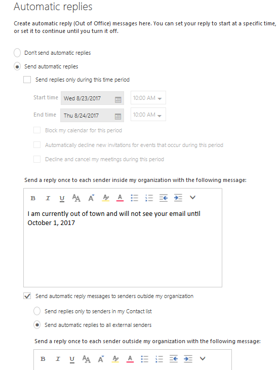 Sample of automated email vacation responder
