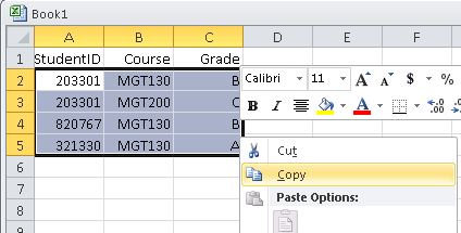 copying data from an Excel worksheet