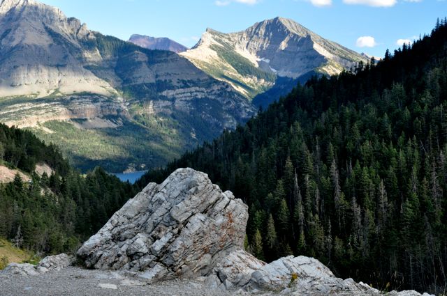 View of mountains along road to Cameron Lake